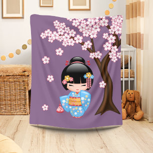 Couverture Polaire Poupée Maiko Kokeshi - Fille Geisha en Kimono Bleu