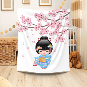 Couverture Polaire Poupée Maiko Kokeshi - Fille Geisha en Kimono Bleu