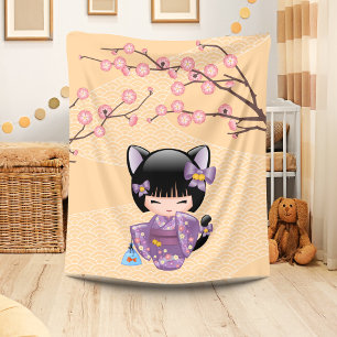 Couverture Polaire Poupée Neko Kokeshi - Fille Geisha aux Oreilles de