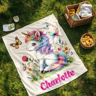 Couverture Polaire Prairie de licorne scintillante de fleurs sauvages