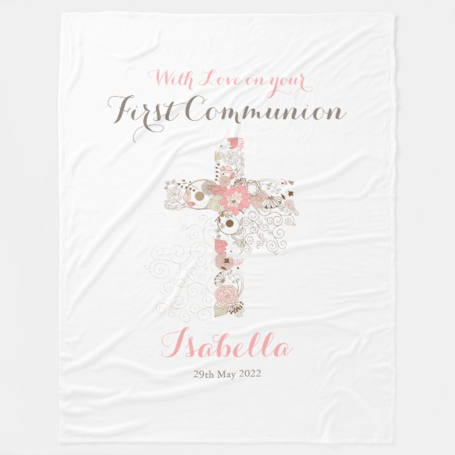 Couverture Polaire Première communion blanc floral nom fleece bla (Devant)