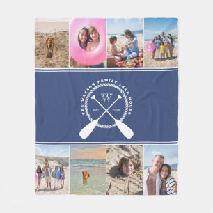 Couverture Polaire Preppy Blue Lake House Monogramme Photo Collage