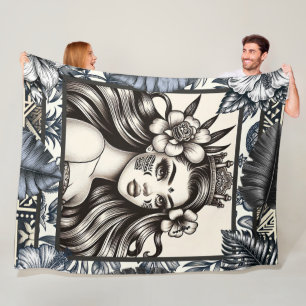 Couverture Polaire Princesse polynésienne Bleu Floral Tribal