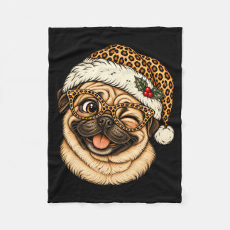 Couverture Polaire Pug de Noël drôle avec un chapeau de Père Noël léo