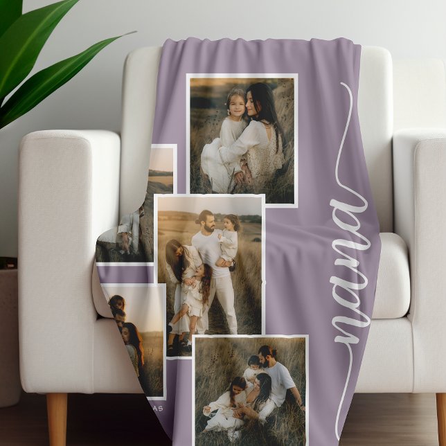 Couverture Polaire Purple Personnalisé Nana Grandkid 5 Photo Collage (Créateur téléchargé)