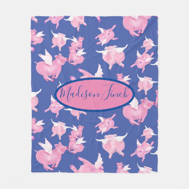 Couverture Polaire Quand les porcs volent mignon rose bleu (Devant)