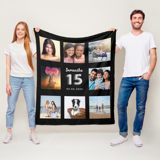 Couverture Polaire Quinceanera noir argent photo collage nom (En situation)