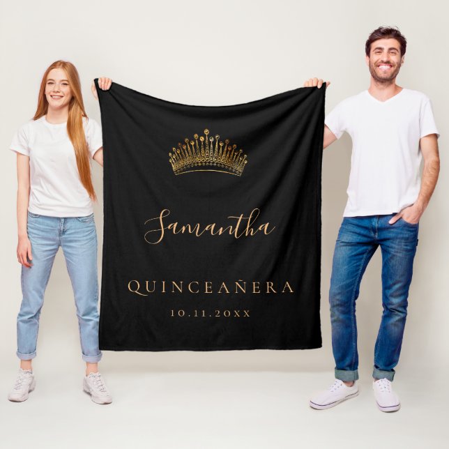 Couverture Polaire Quinceanera noir or tiara nom de la couronne (En situation)