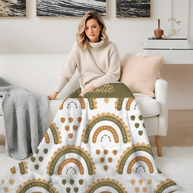 Couverture Polaire Rainbow Boho Personnalisé Vert Blanc Brown (Rainbow Boho Personalized Green White Brown Fleece Blanket from Ricaso. Great custom gift idea )