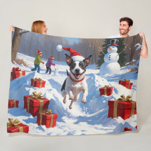 Couverture Polaire Rat Terrier courant dans la neige avec un chapeau