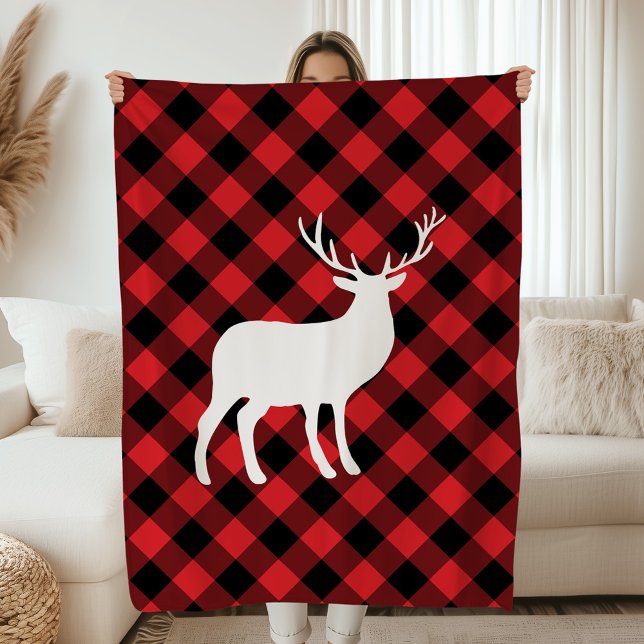 Couverture Polaire Red Plaid et White Stag | Vacances (Créateur téléchargé)