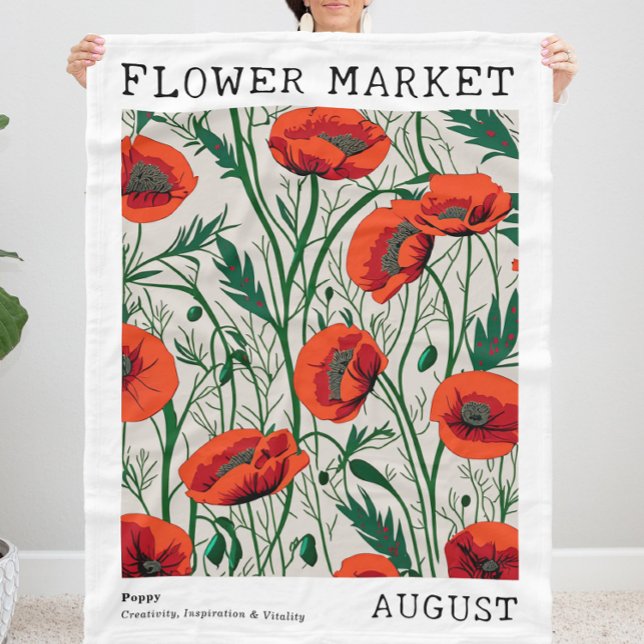 Couverture Polaire Red Poppy Août Fleur de naissance Marché Vert Flor (Personalized August Birth Flower Market Print Fleece Blanket, Customizable Red Poppy Floral Blanket)