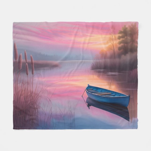 Couverture Polaire Réflexion du ciel rose de bateau bleu rustique (Devant (Horizontal))