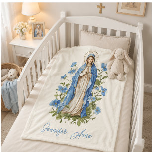 Couverture Polaire Religieuse Catholique Vierge Marie Bleue Florale