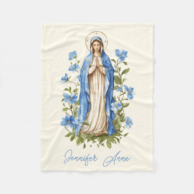 Couverture Polaire Religieux Catholique Vierge Marie Bleu Floral (Devant)