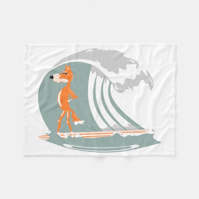 Couverture Polaire Renard caricaturale sur un Surboard (Devant (Horizontal))