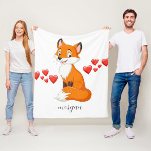 Couverture Polaire Renard mignon, Coeurs rouges, Nom de l'enfant ou v