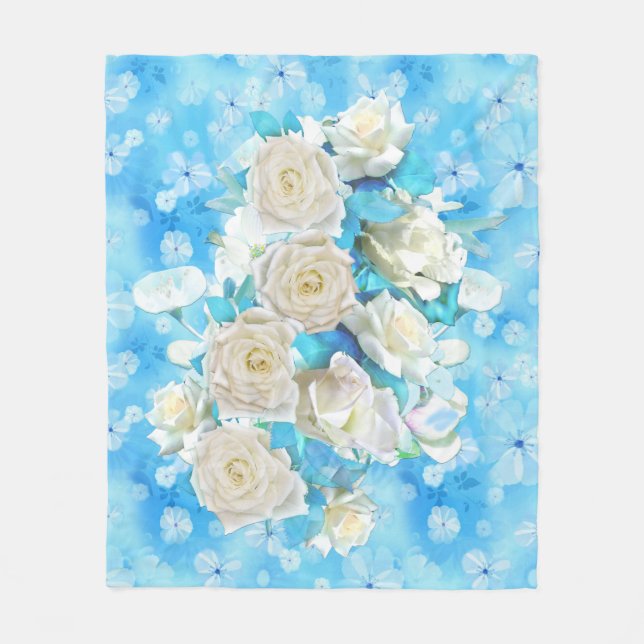 Couverture Polaire Répéter bleu ciel pâle - blanc Roses d'aquarelle (Devant)