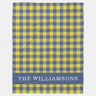 Couverture Polaire Retro Buffalo Plaid Jaune Bleu Personnalisé Nom