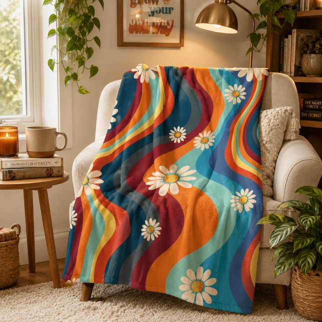 Couverture Polaire Rétro Groovy Fleur de Daisy Arc-en-ciel des années (Créateur téléchargé)