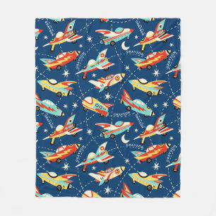 Couverture Polaire Retro Space Rocket Cars Blue Nom personnalisé