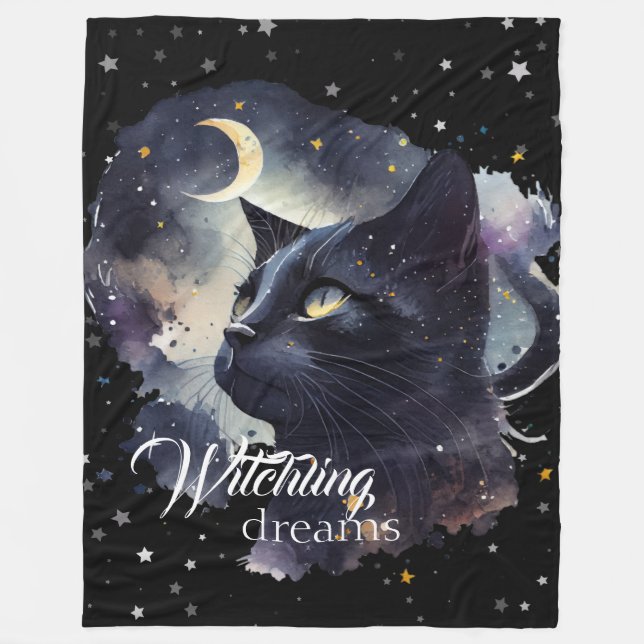 Couverture Polaire Rêves de cuisine Chat noir et étoiles (Devant)