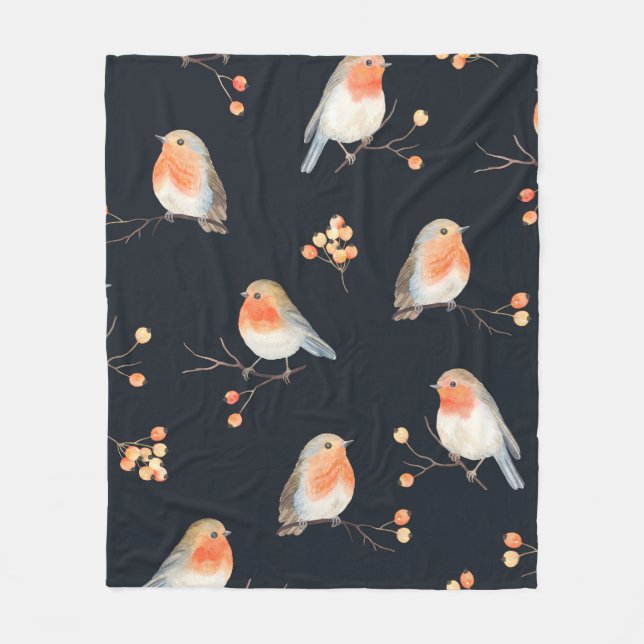 Couverture Polaire Robin birds and berries rowan on dry branches, sea (Devant)