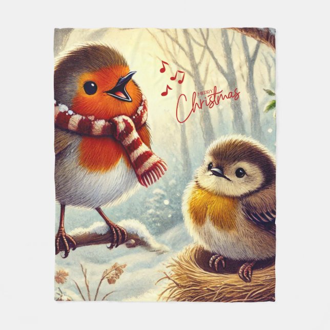 Couverture Polaire Robins mignons, Noël gelé (Devant)