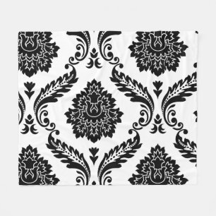 Couverture Polaire Rococo Damassé Grand Motif Décalé Noir sur Blanc