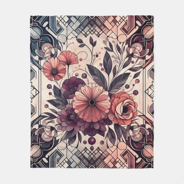 Couverture Polaire Romance foncée Bourgogne Art Déco Floral Été (Devant)