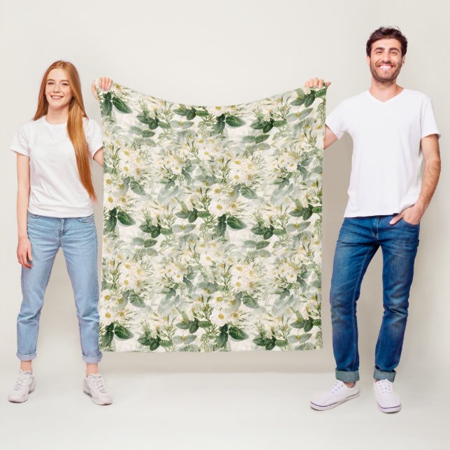 Couverture Polaire Romantique Fleurs blanches douces et Feuilles vert (En situation)