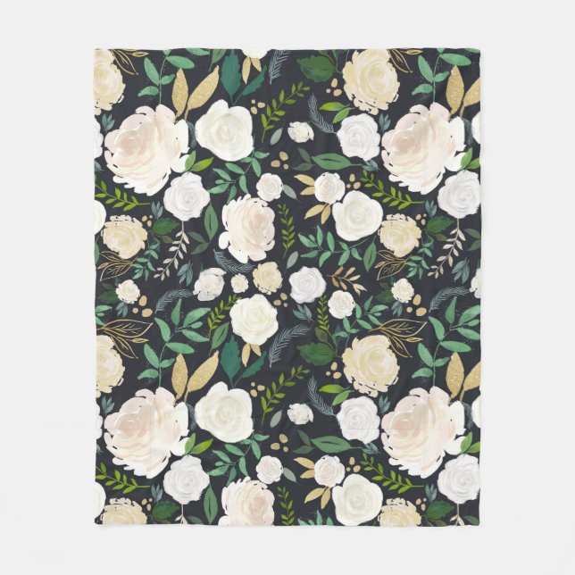 Couverture Polaire Rose blanche et fleurs vertes (Devant)
