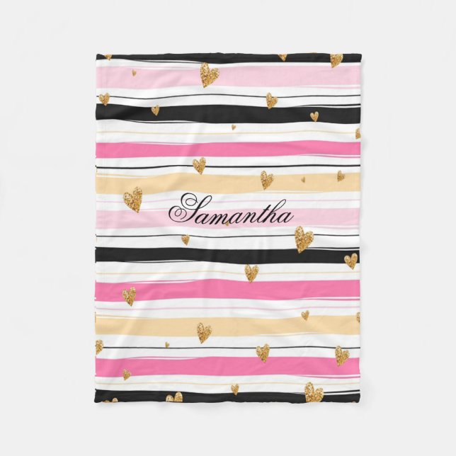 Couverture Polaire Rose blanche noire personnalisée avec des rayures  (Devant)