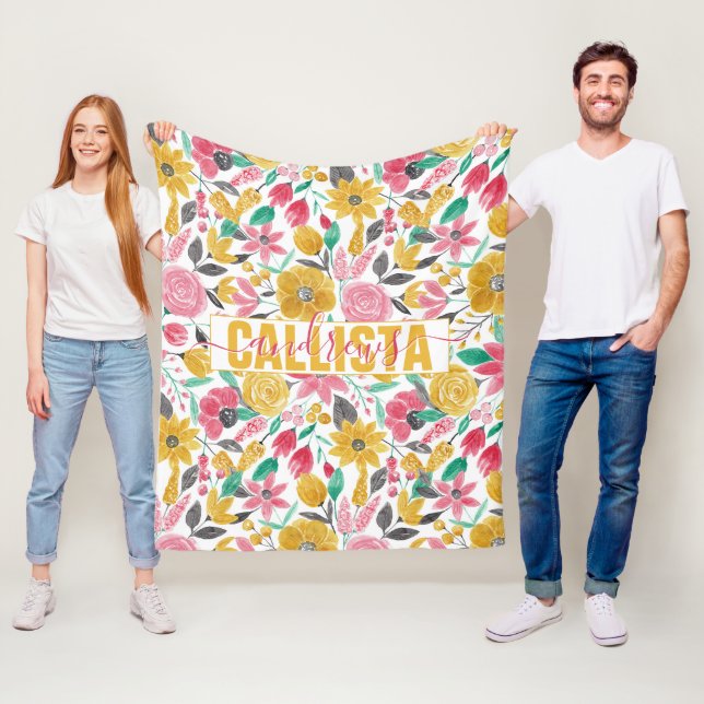 Couverture Polaire Rose doré Fleurs Feuilles Aquarelle Art Monogramme (En situation)