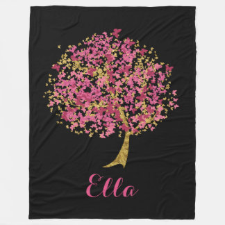 Couverture Polaire Rose et arbre de papillon d'or