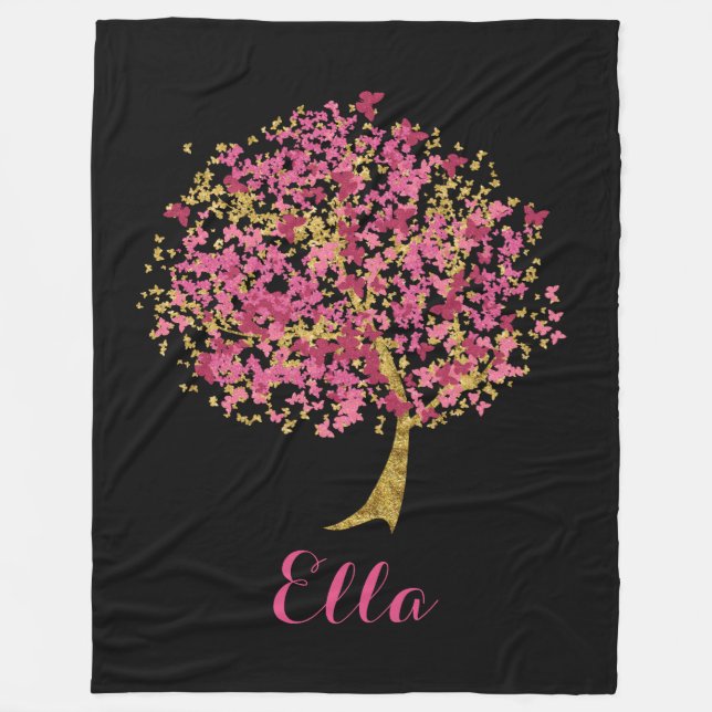 Couverture Polaire Rose et arbre de papillon d'or (Devant)