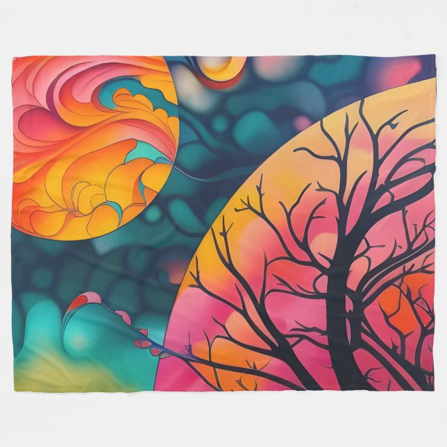 Couverture Polaire rose et or pleine lune Arbre Silhouette (Devant (Horizontal))
