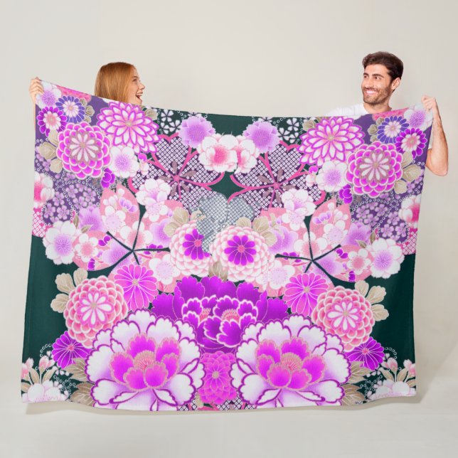 Couverture Polaire ROSE FLEURS BLANCHES Peony, Floral japonais Rose (En situation)