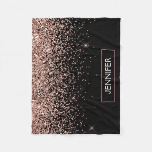 Couverture Polaire Rose Gold Noir Paillettes Monogramme Nom Rose Pâle
