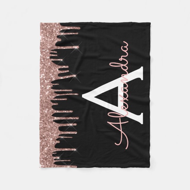 Couverture Polaire Rose Gold - Rose Pâle et Noir Paillettes Monogramm (Devant)