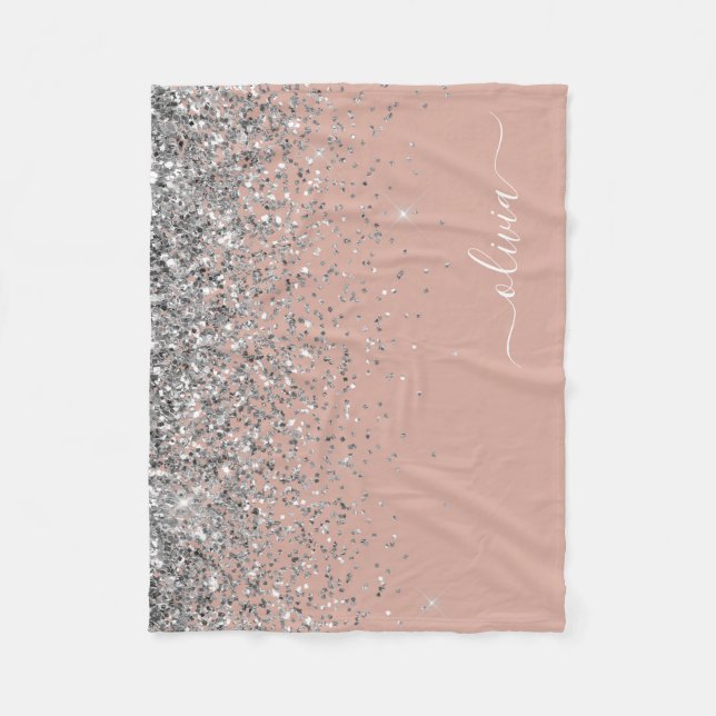 Couverture Polaire Rose Gold Rose Pâle Pailleté Argent Monogramme (Devant)