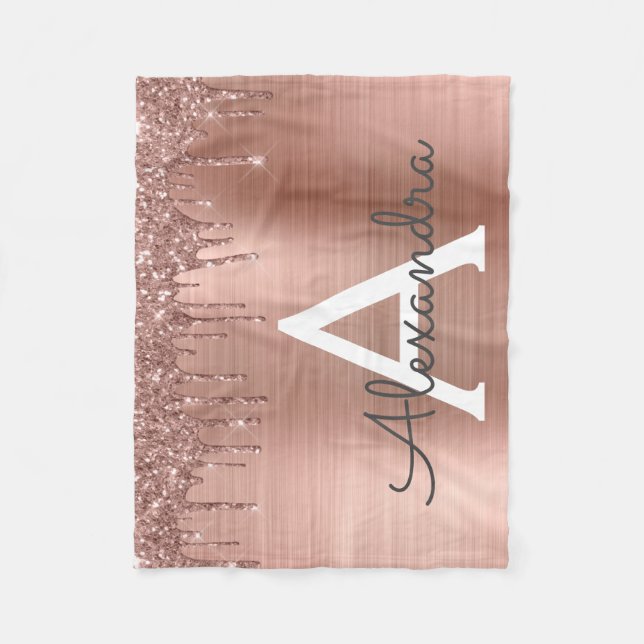 Couverture Polaire Rose Gold - Rose Pâle Pailleté Monogramme Nom (Devant)