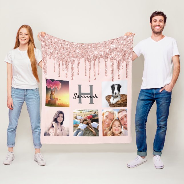 Couverture Polaire Rose or gouttelettes de rougissement nom monogramm (En situation)