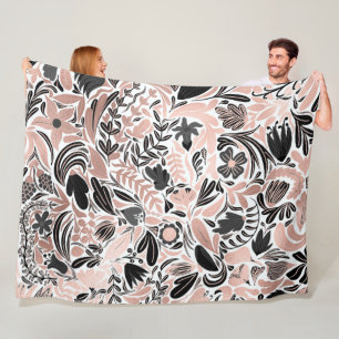 Couverture Polaire Rose or noir feuille florale Motif d'illustration