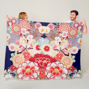 Couverture Polaire ROSE ROUGE BLANC FLEURS pivoines, Floral japonais 