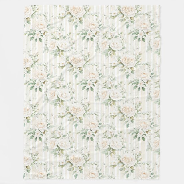 Couverture Polaire Roses blanches aux nuances romantiques et rayures  (Devant)