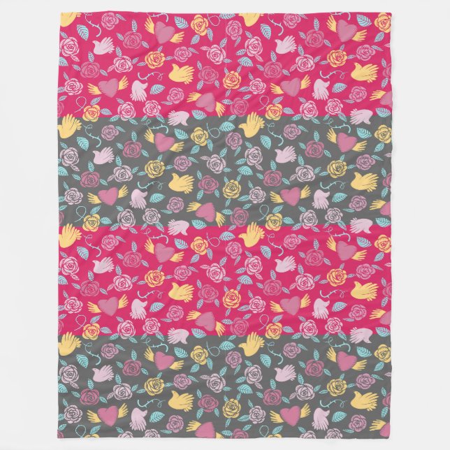 Couverture Polaire Roses, Coeurs et Motifs des mains (Devant)
