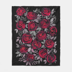 Couverture Polaire Roses d'aquarelle, roses rouges sur noir