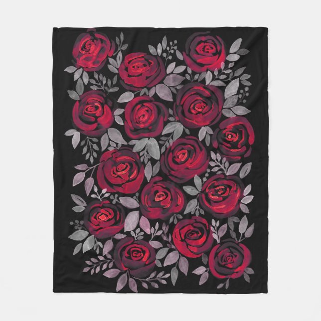 Couverture Polaire Roses d'aquarelle, roses rouges sur noir (Devant)