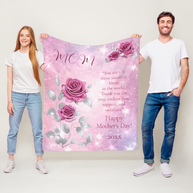 Couverture Polaire Roses roses roses Feuilles d'argent scintillant ma (En situation)